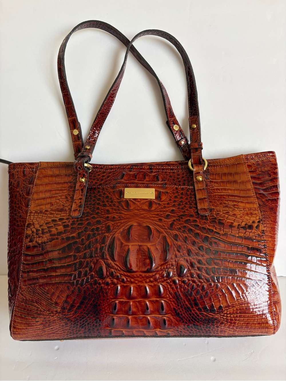 Brahmin Cognac Croc-Embossed Leather Shoulder Tote
